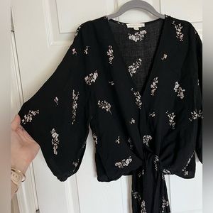 Black V neck flutter sleeve top